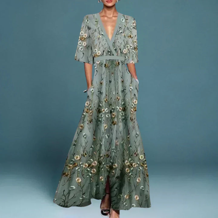Hazel - Gürtelt V-Ausschnitt Floral Maxikleid