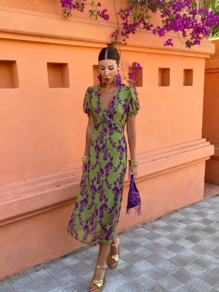 Lucinda - Boho V-Ausschnitt Floral Plissiertes Kleid