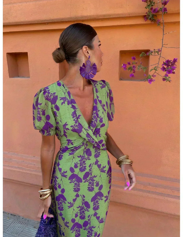 Lucinda - Boho V-Ausschnitt Floral Plissiertes Kleid