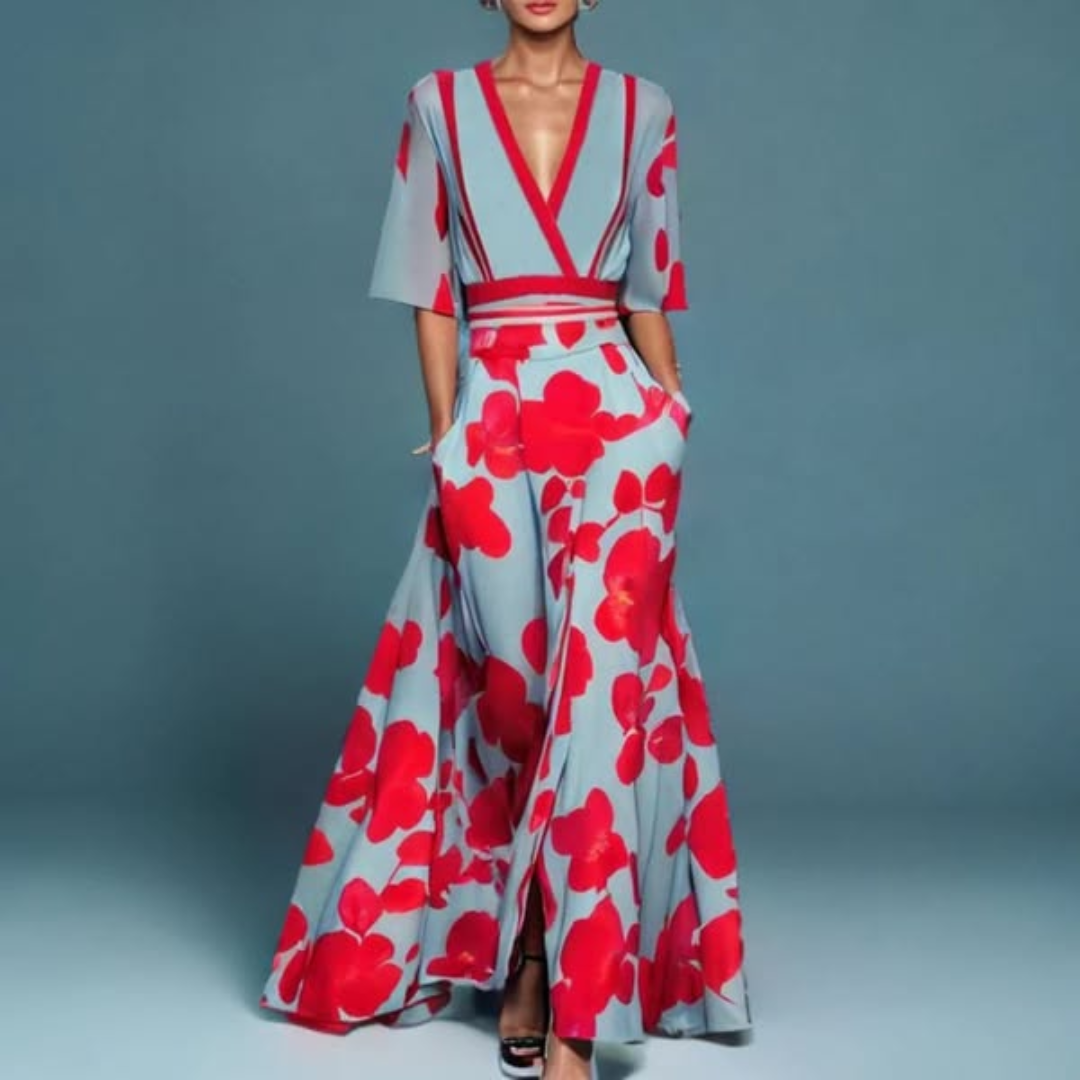 Hazel - Gürtelt V-Ausschnitt Floral Maxikleid