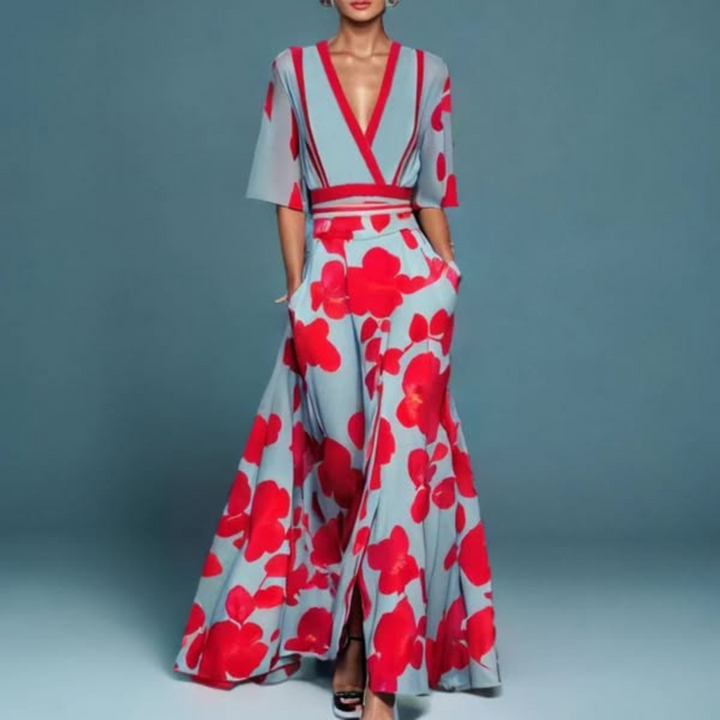 Hazel - Gürtelt V-Ausschnitt Floral Maxikleid