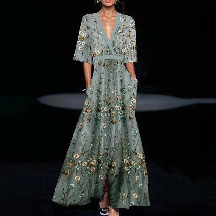 Hazel - Gürtelt V-Ausschnitt Floral Maxikleid