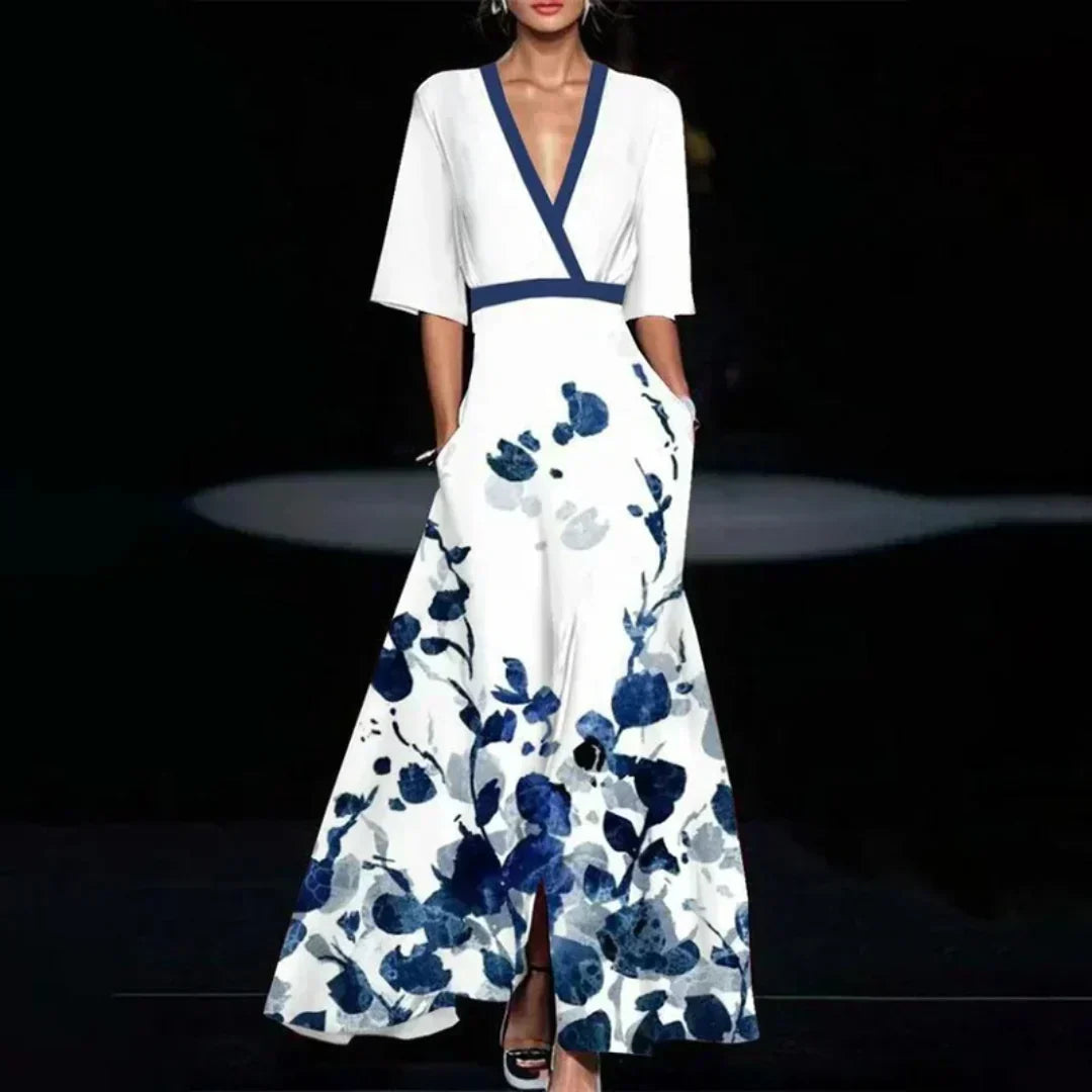 Hazel - Gürtelt V-Ausschnitt Floral Maxikleid
