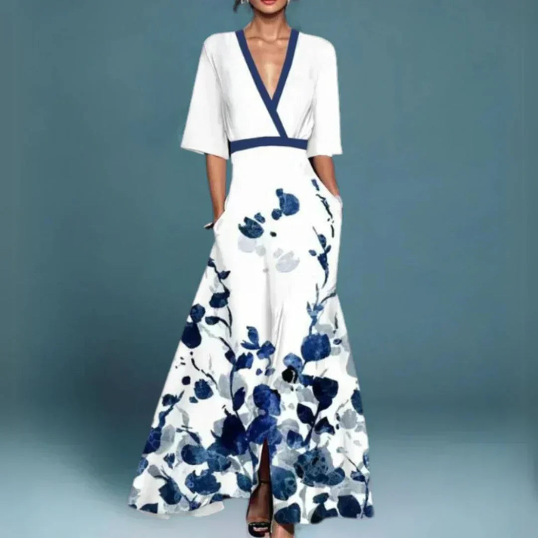 Hazel - Gürtelt V-Ausschnitt Floral Maxikleid