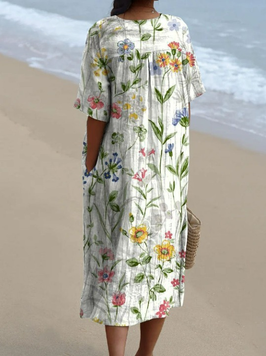 Damen Vintage Schönes Floral Kunstdruck Lässiges Fließendes Kleid