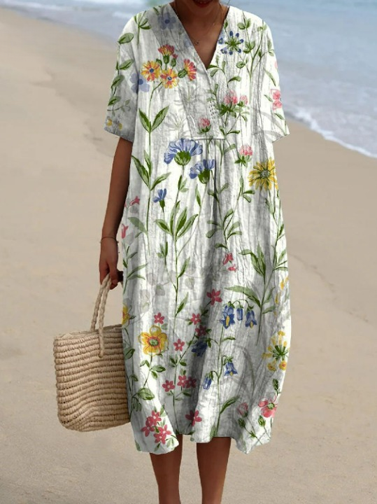 Damen Vintage Schönes Floral Kunstdruck Lässiges Fließendes Kleid